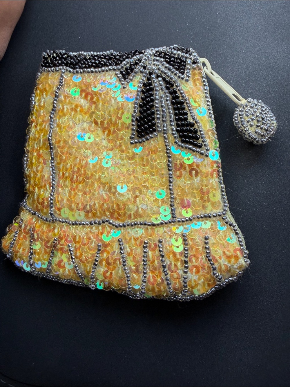 Yellow Beaded Coin Purse Cute Skirt Shape